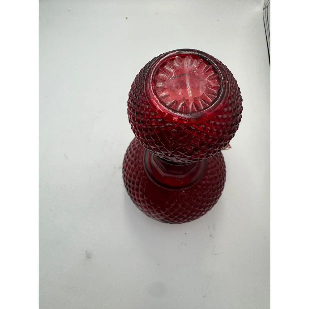Vintage Ruby Red Diamond Point Glass Decanter with Stopper and Tassel Accent
